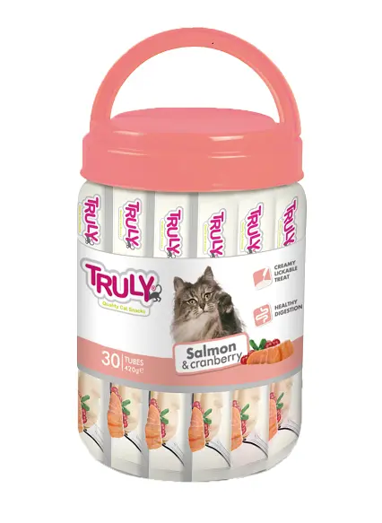 Recompense cremoase pentru pisici Truly, somon si merisoare, 420g, 30 bucati