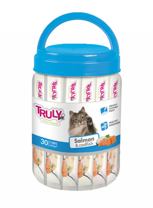 Recompense cremoase pentru pisici, Truly, somon si cod, 420g, 30 bucati