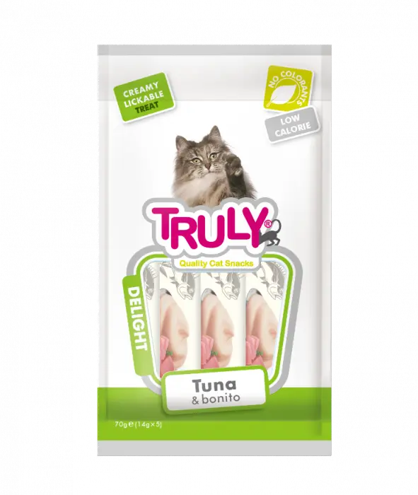Recompense cremoase pentru pisici, Truly, ton si peste bonito, 14g x 5 bucati