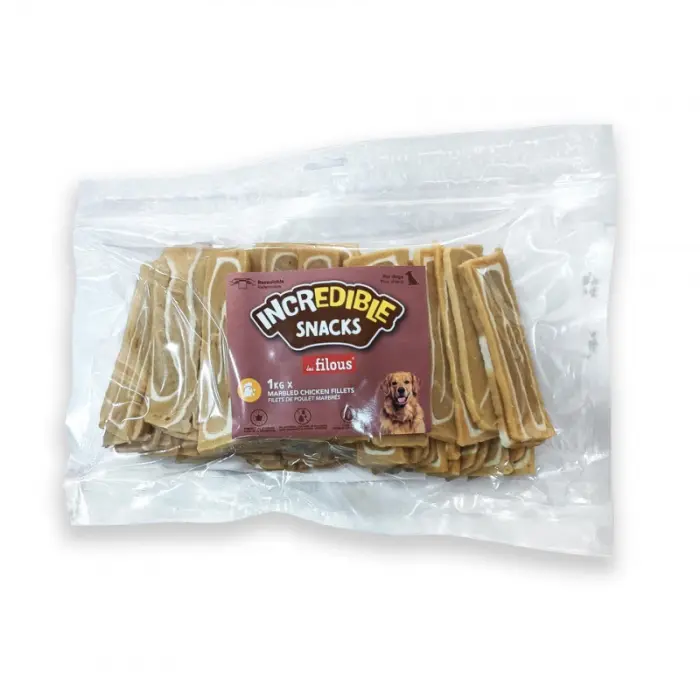 Recompense pentru caini Les Filous Marbled, File de pui, 1 Kg