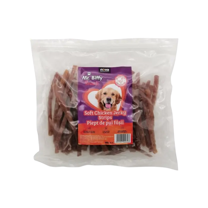 Recompense pentru caini Mr. Biffy, fasii piept de pui soft, 500g