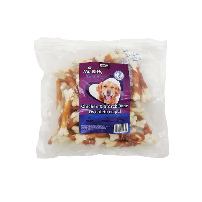 Recompense pentru caini Mr. Biffy, oase calciu cu pui, 500g