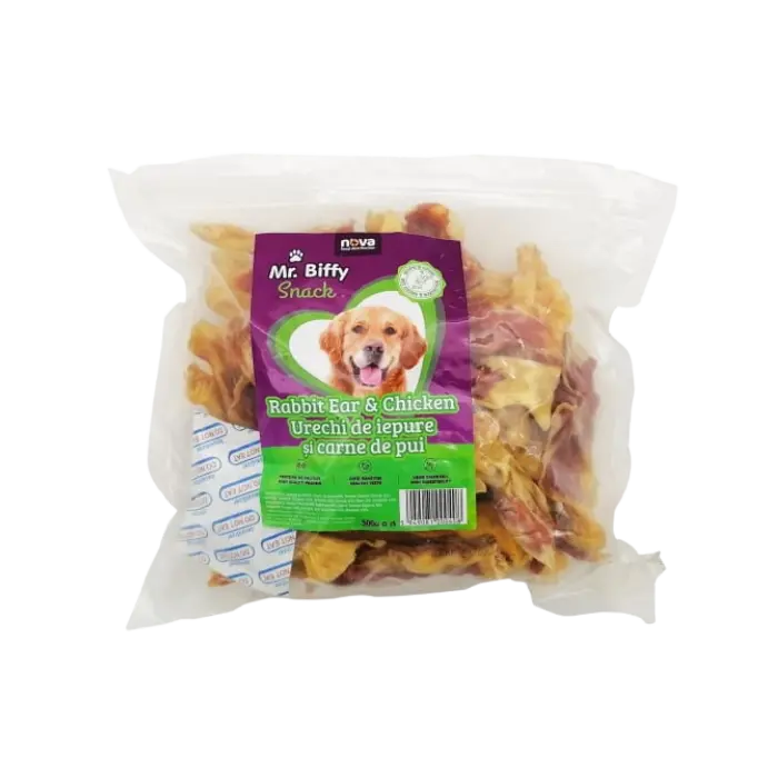 Recompense pentru caini Mr. Biffy, urechi de iepure si carne de pui, 500g