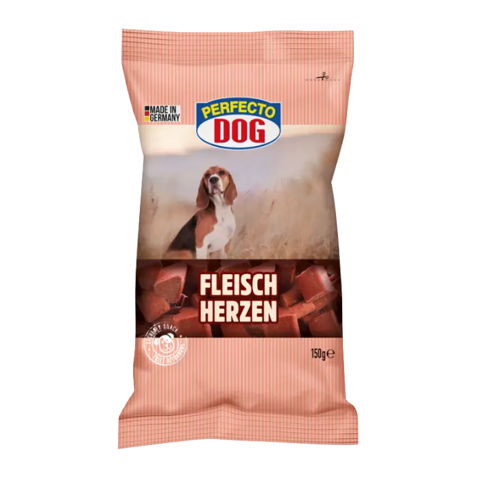 Recompense pentru caini Perfecto Dog, inimioare cu carne, 150g
