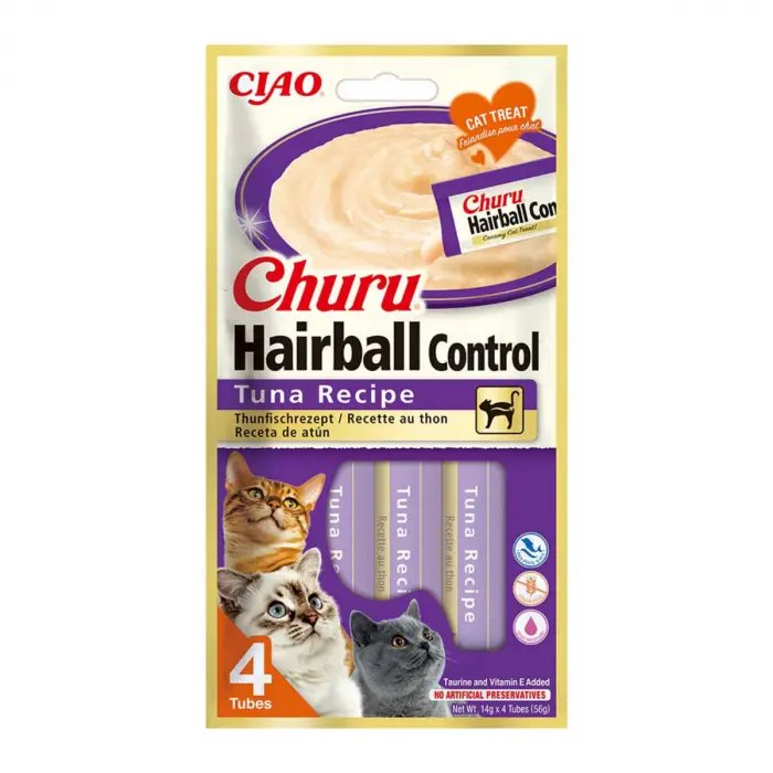 Recompense pentru pisici Inaba Ciao Churu Hairball Control, Piure, Ton, 4 x 14g