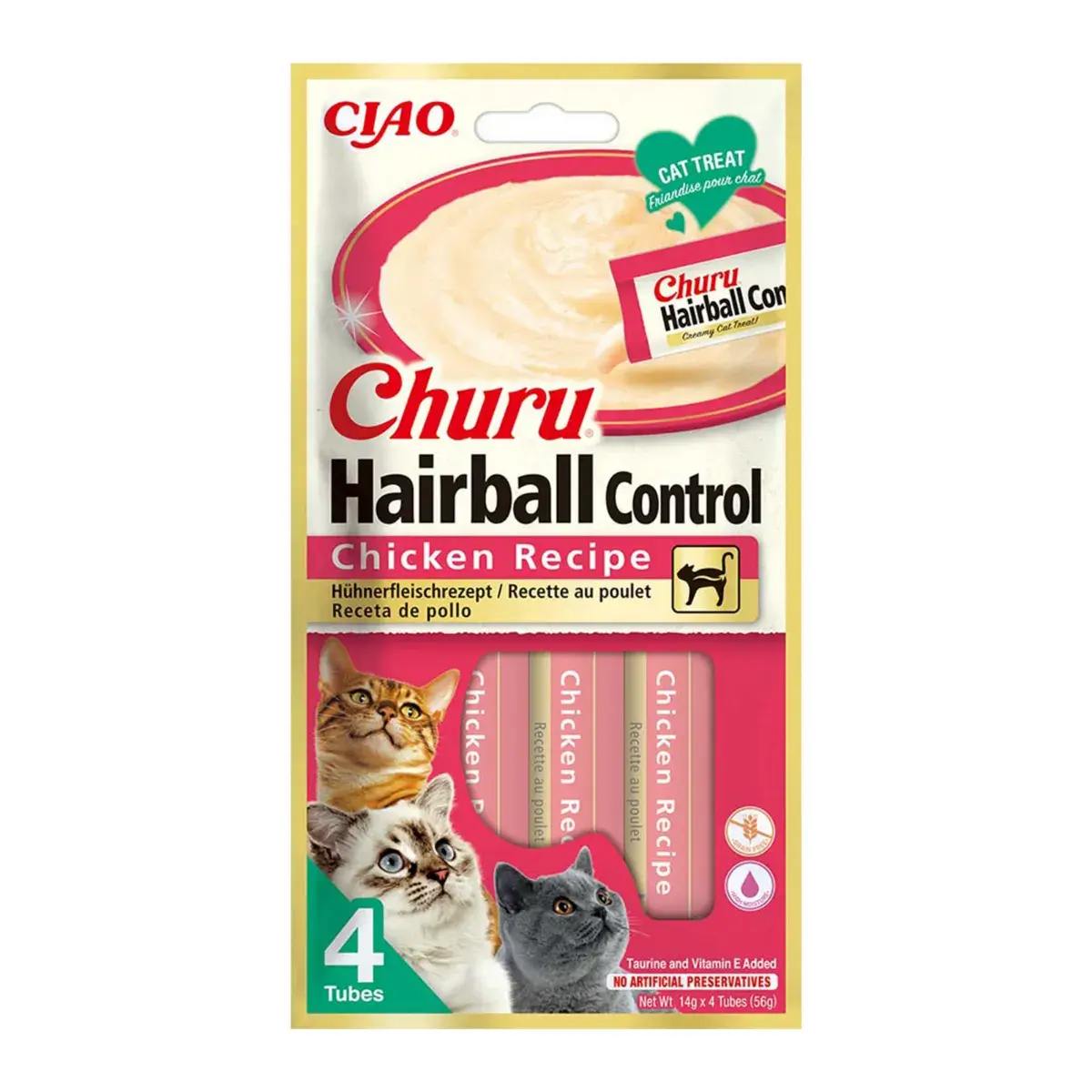 Recompense pentru pisici Inaba Ciao Churu Hairball Control, Piure, Pui, 4 x 14g