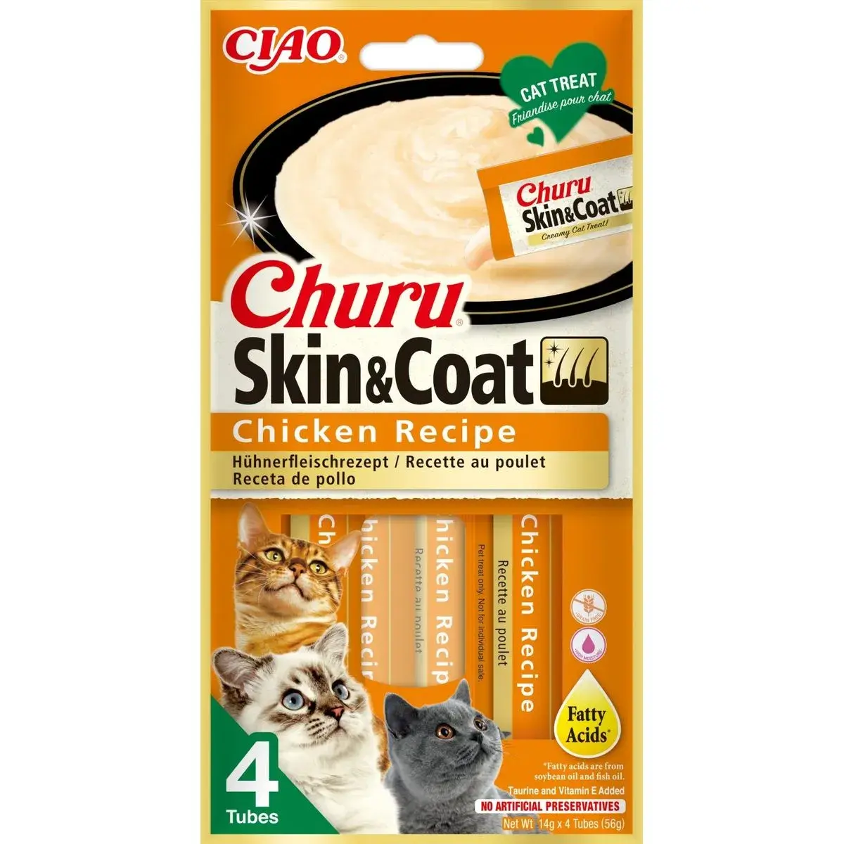Recompense pentru pisici Inaba Ciao Churu Skin  Coat, Pui, 4 x 14g