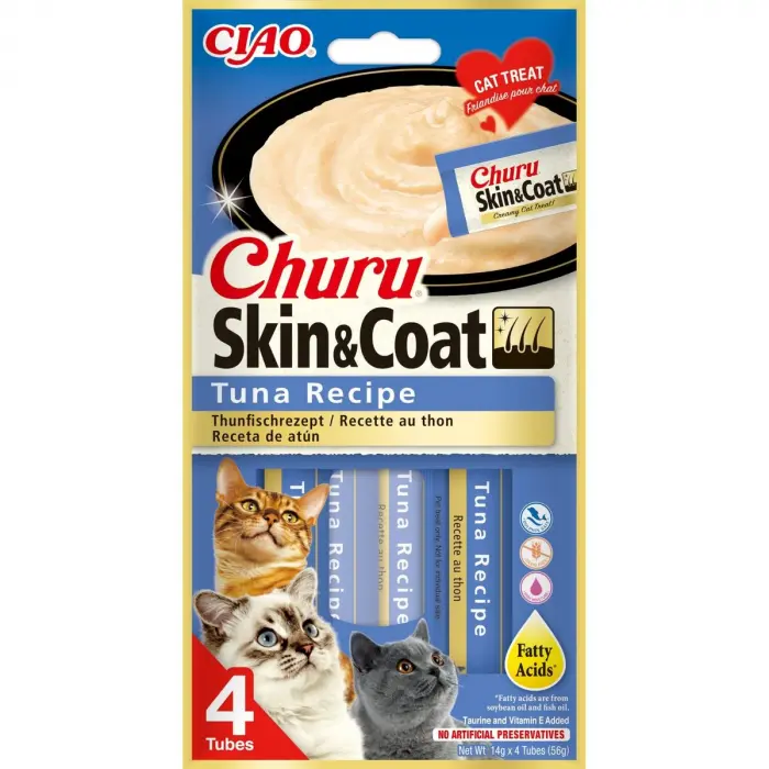 Recompense pentru pisici Inaba Ciao Churu Skin  Coat, Ton, 4 x 14g