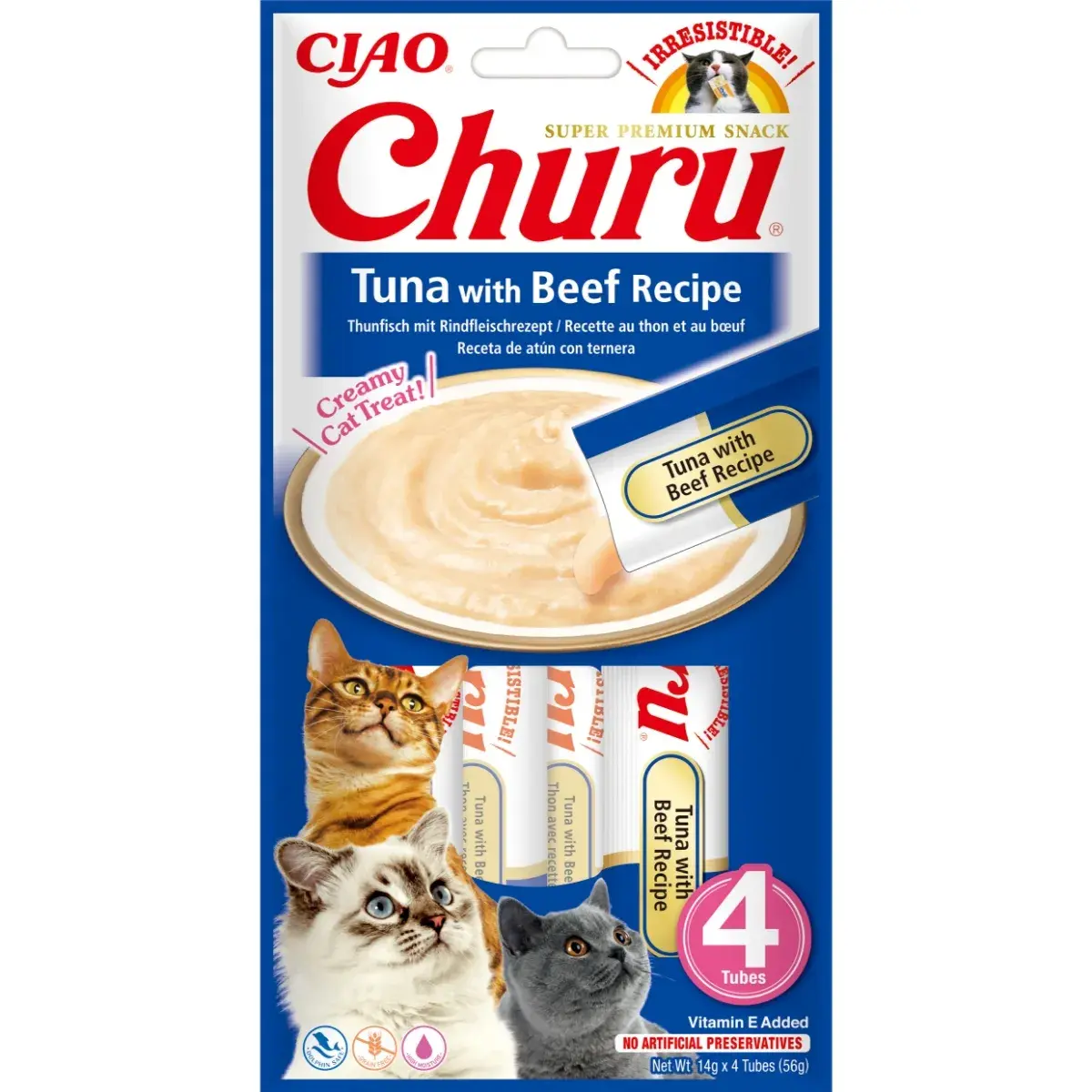 Recompense pentru pisici Inaba Ciao Churu, Piure, Ton si vita, 4 x 14g