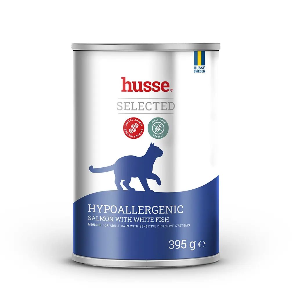 SELECTED HYPOALLERGENIC, mousse fara cereale | Hrana umeda completa, cu somon si peste alb, fara cereale, pentru pisici cu sensibilitati digestive