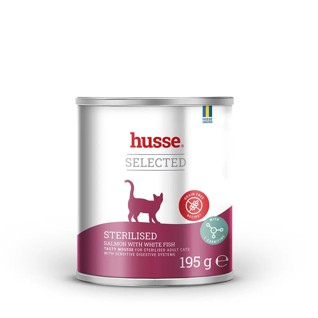 SELECTED STERILISED, mousse fara cereale | Hrana umeda completa, cu somon si peste alb, fara cereale, pentru pisici cu sensibilitati digestive