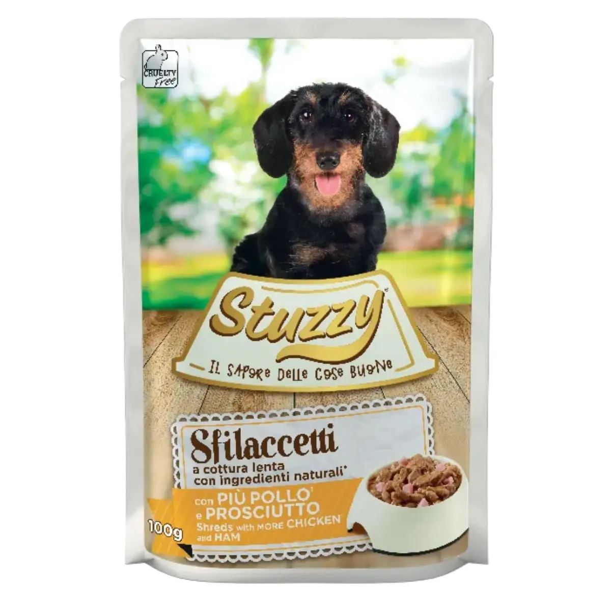 STUZZY Shreds, XS-XL, Pui si Sunca, plic hrana umeda caini, (in suc propriu), 100g