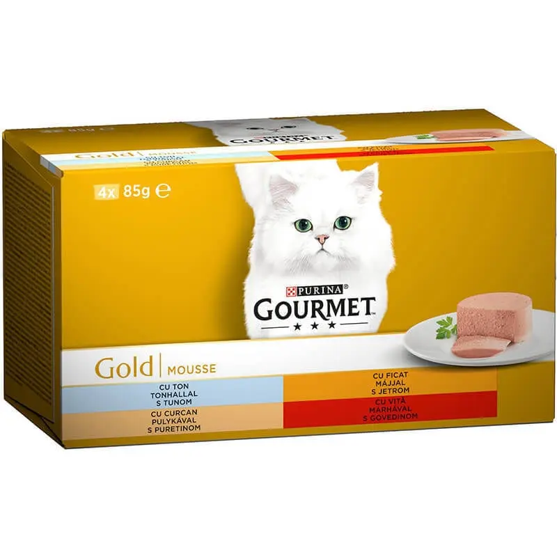 PURINA Gourmet Gold Mousse, 4 arome (Vita, Curcan, Ficat, Ton), pachet mixt, conserva hrana umeda pisici, (pate), 85g x 4