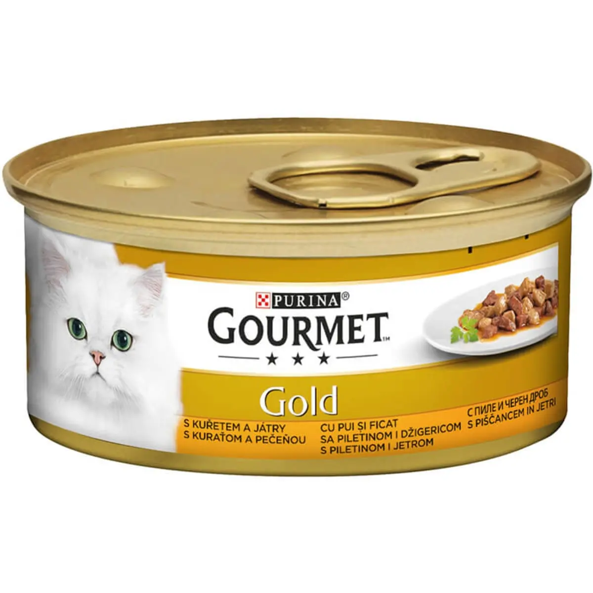PURINA Gourmet Gold, Pui si Ficat, conserva hrana umeda pisici, (bucati in sos), 85g