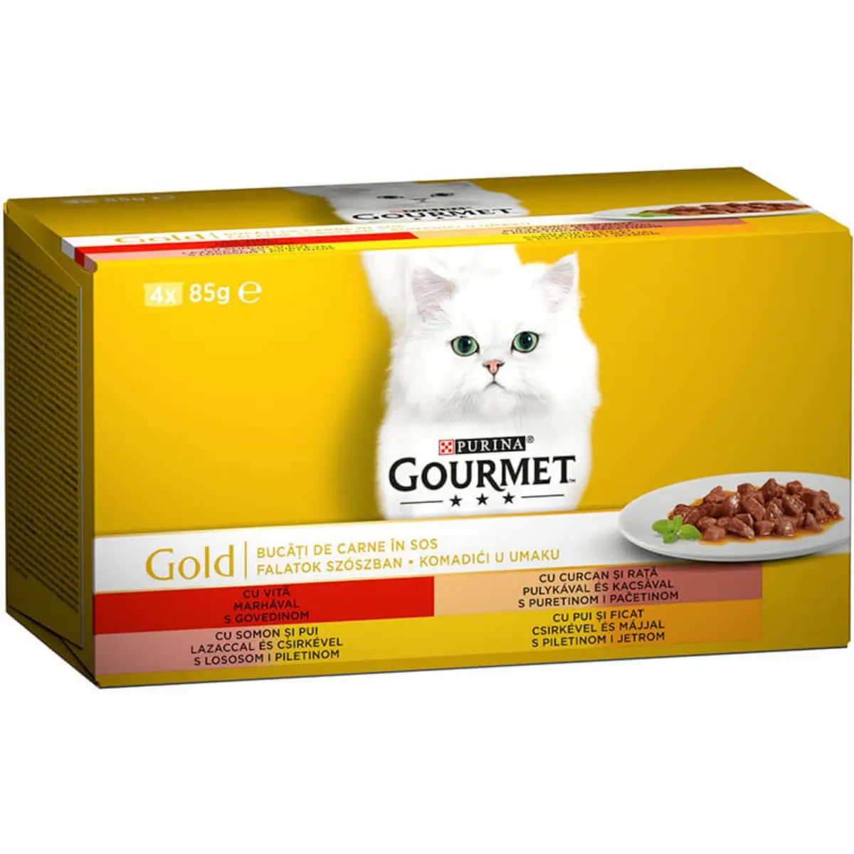 PURINA Gourmet Gold, 4 arome (Vita, Curcan si Rata, Somon si Pui, Pui si Ficat), pachet mixt, conserva hrana umeda pisici, (bucati in sos), 85g x 4