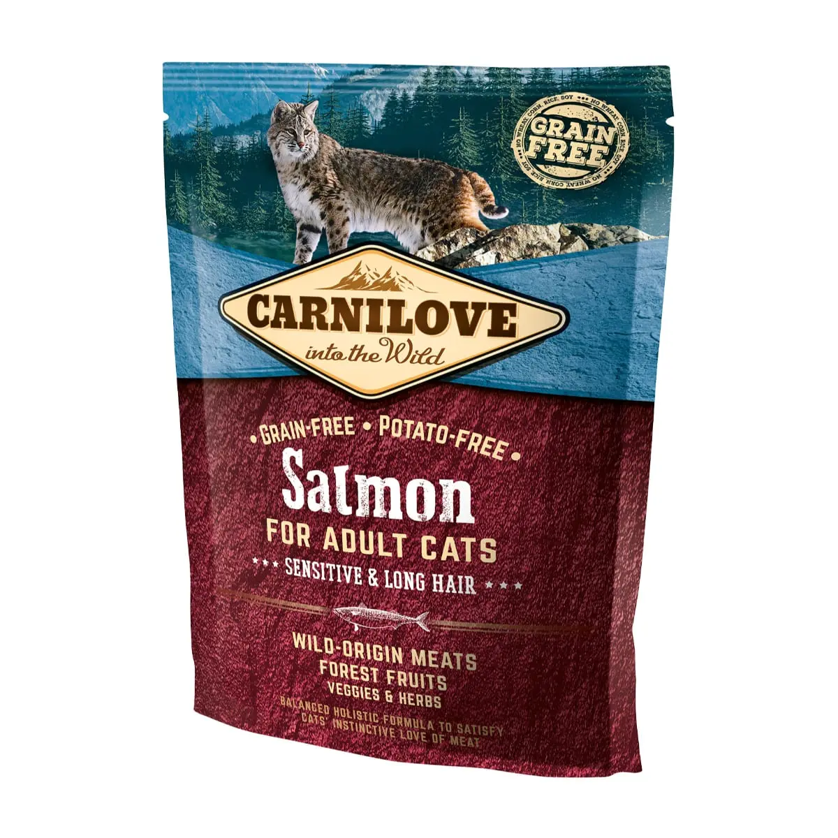 CARNILOVE Sensitive & Long Hair, Somon, hrana uscata fara cereale pisici, sensibilitati digestive, piele si blana, 400g