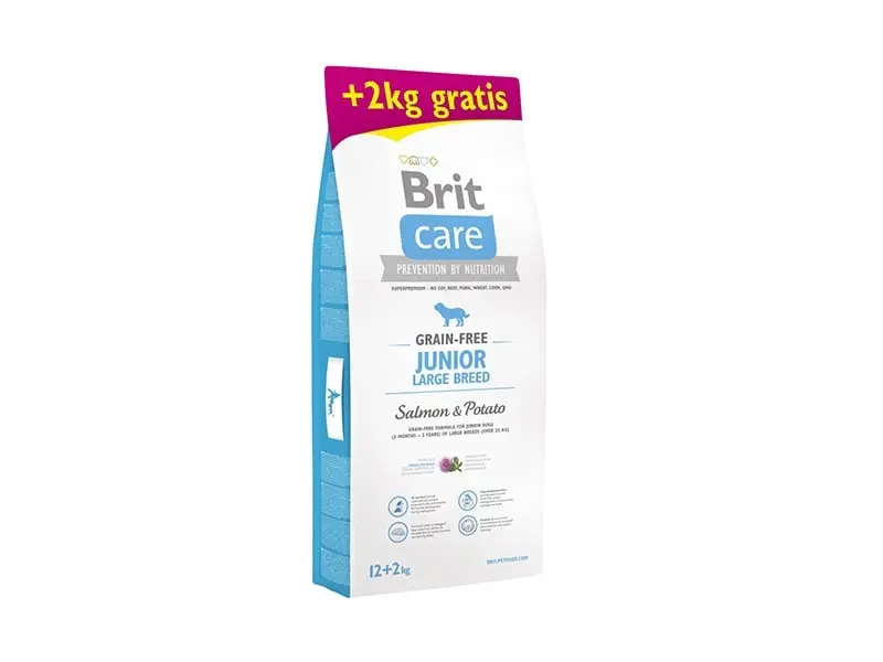 BRIT Care Junior Large Breed, L-XL, Somon cu Cartofi, hrana uscata fara cereale caini junior, 12kg+2kg GRATUIT