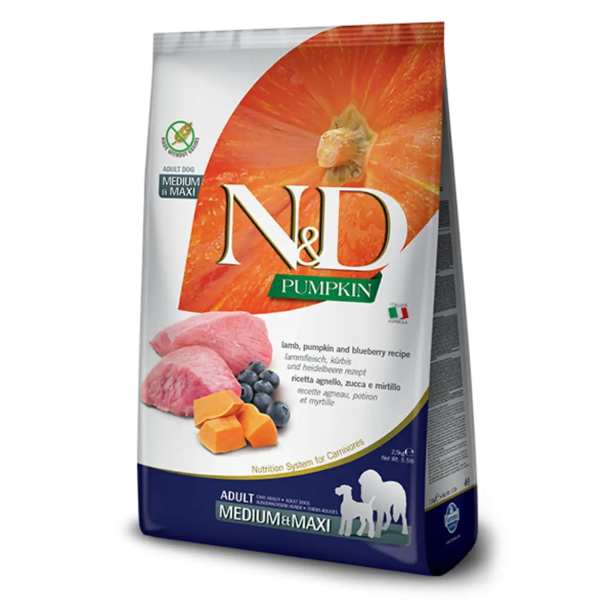N&D Pumpkin Adult Medium/Maxi, M-XL, Miel si afine, hrana uscata fara cereale caini, 12kg