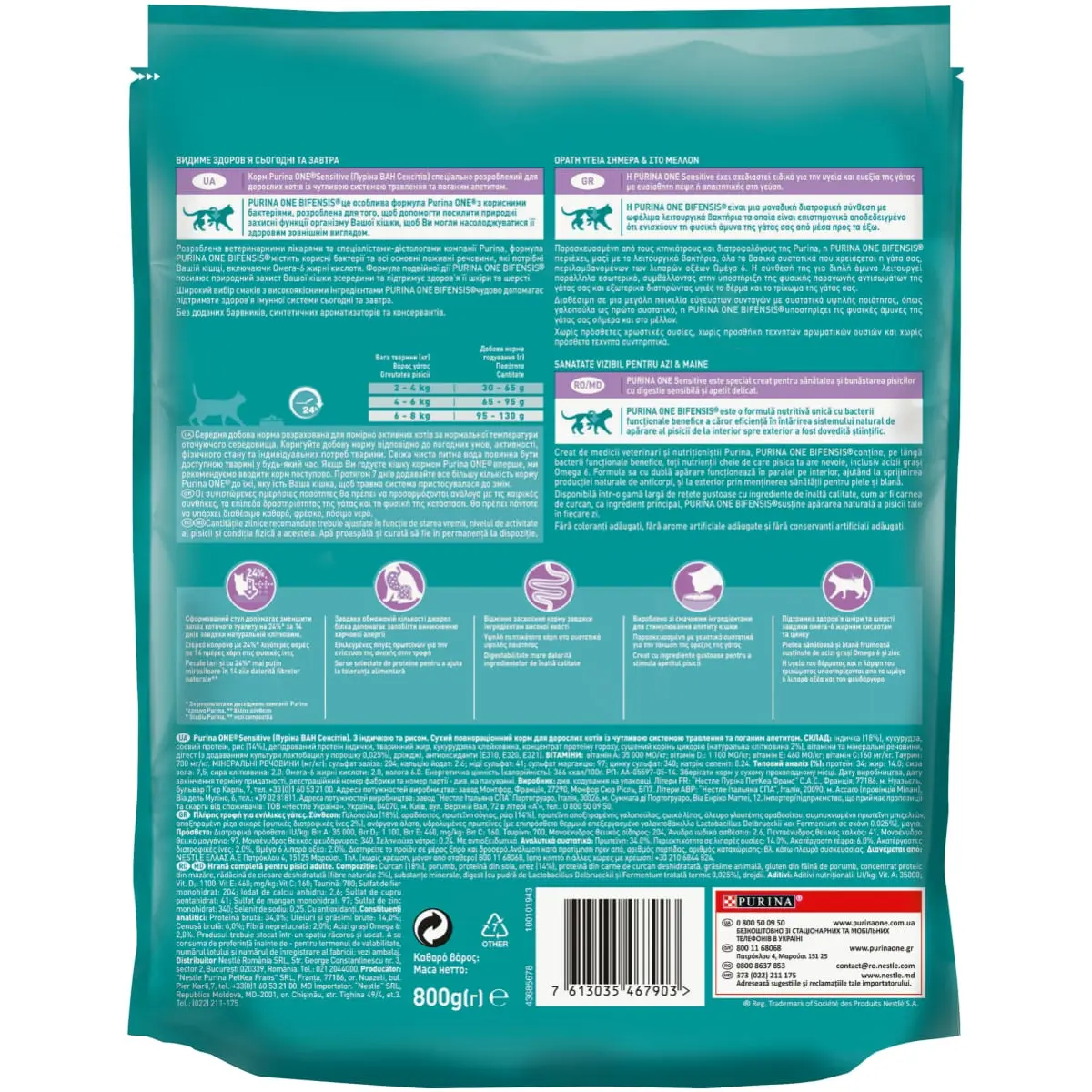 PURINA One Sensitive, Curcan cu Orez, hrana uscata pisici, sensibilitati digestive, 800g - Image 4