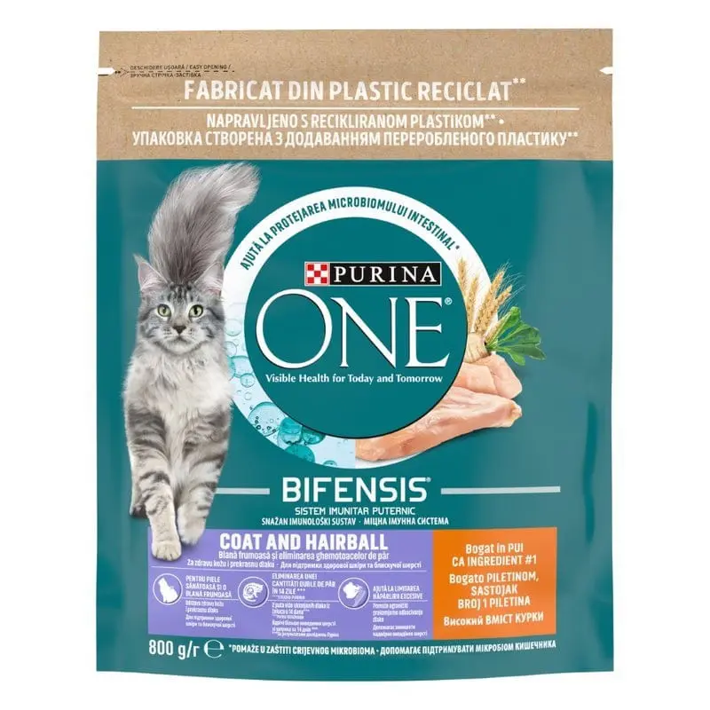 PURINA One Coat & Hairball, Pui, hrana uscata pisici, limitarea ghemurilor de blana, 800g