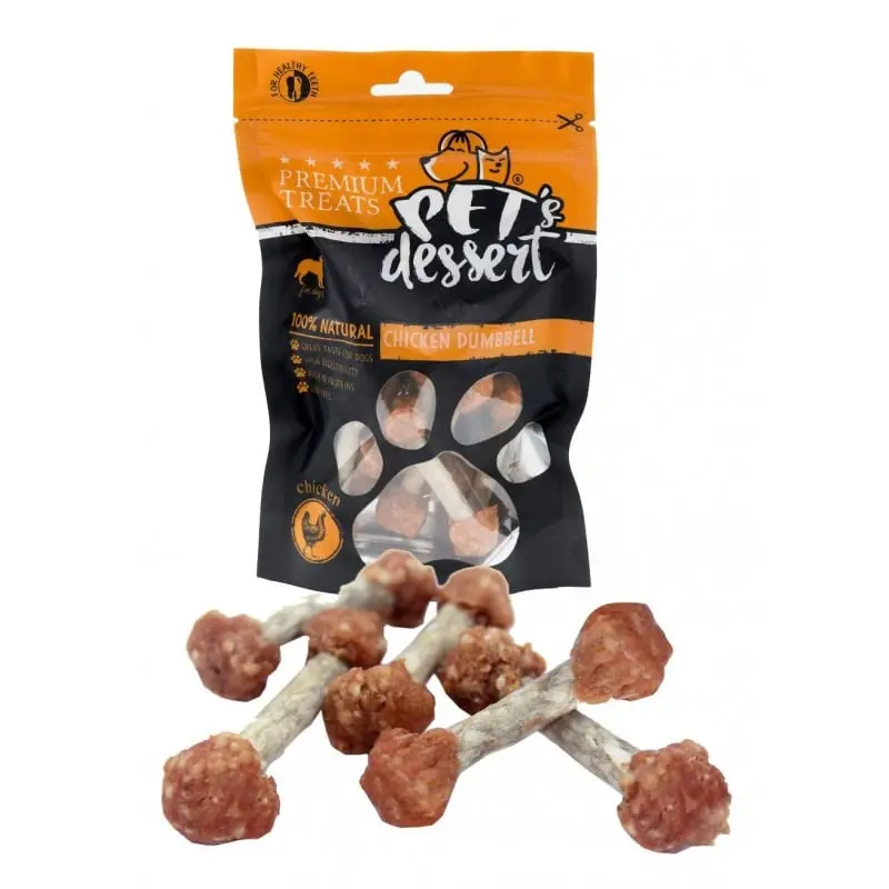PET'S DESSERT Dumbbell, XS-XL, Pui, punguta recompense fara cereale caini, 500g