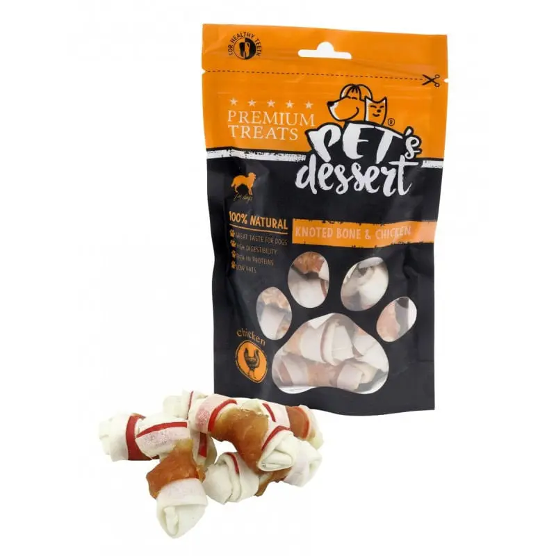 PET'S DESSERT Knoted Bone & Chicken, XS-XL, Pui, punguta recompense fara cereale caini, 500g
