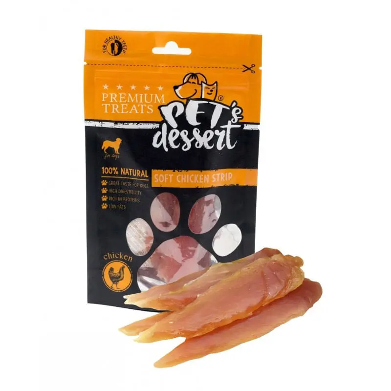 PET'S DESSERT Soft Strip, XS-XL, Pui, punguta recompense fara cereale caini, 80g
