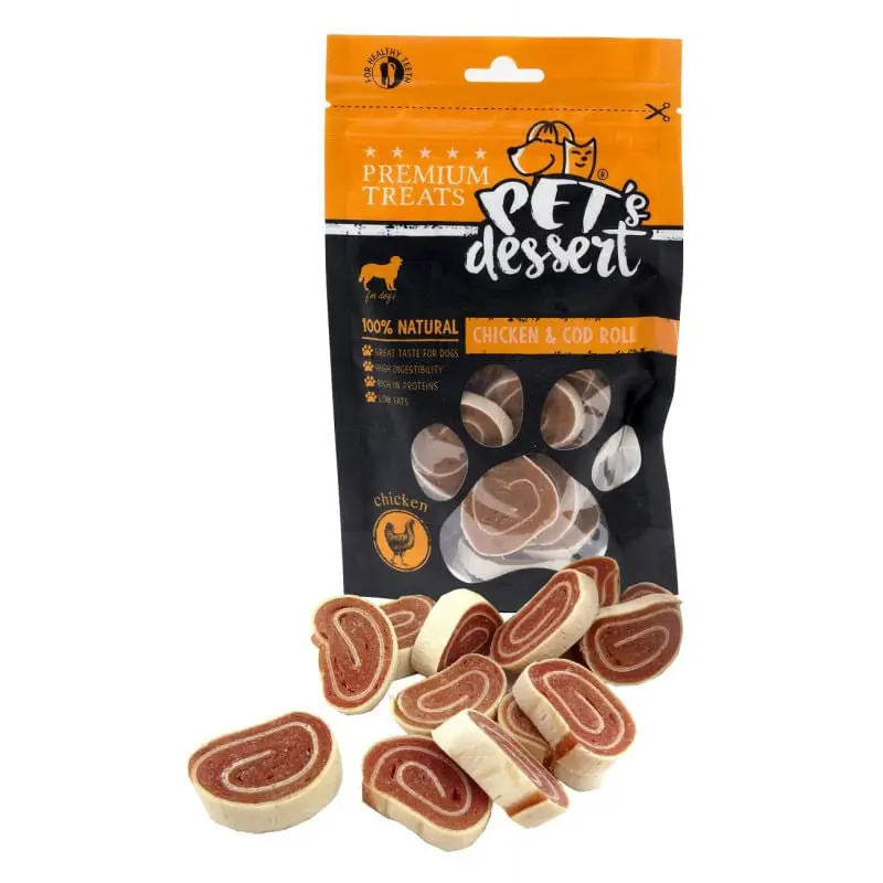 PET'S DESSERT Roll, XS-XL, Pui si Cod, punguta recompense fara cereale caini, 80g