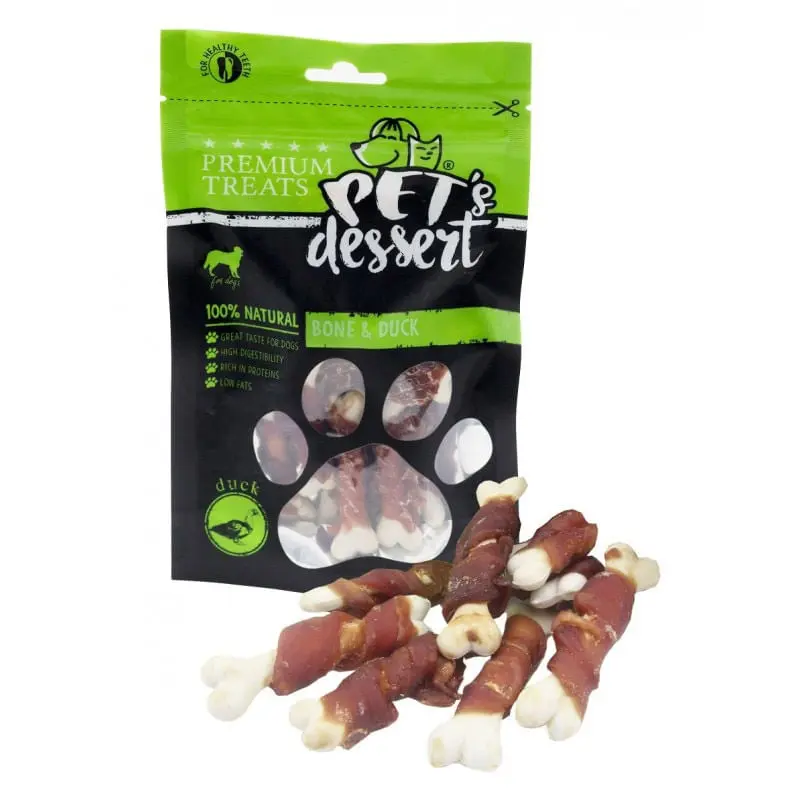 PET'S DESSERT Bone & Duck, XS-XL, Rata, punguta recompense fara cereale caini, 80g - Image 2