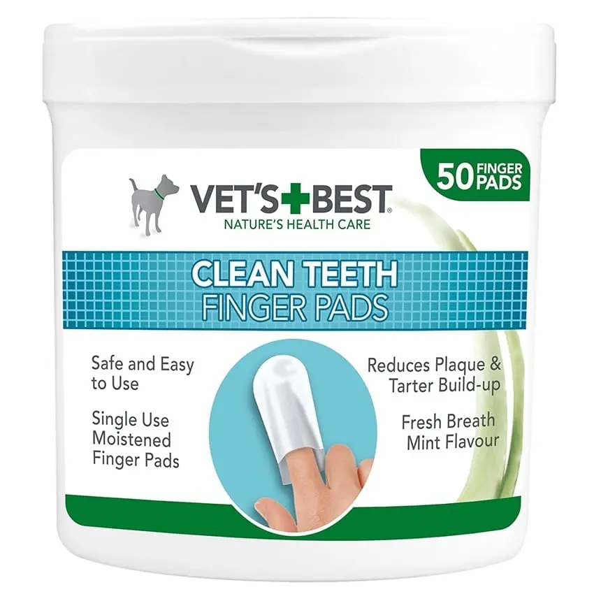 VET'S BEST Clean Teeth Finger, servetele igiena orala caini, anti-tartru, improspatarea respiratiei, Menta, cutie, 50buc