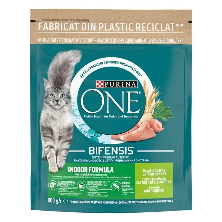 PURINA One Indoor, Curcan cu Cereale Integrale, hrana uscata pisici, 800g