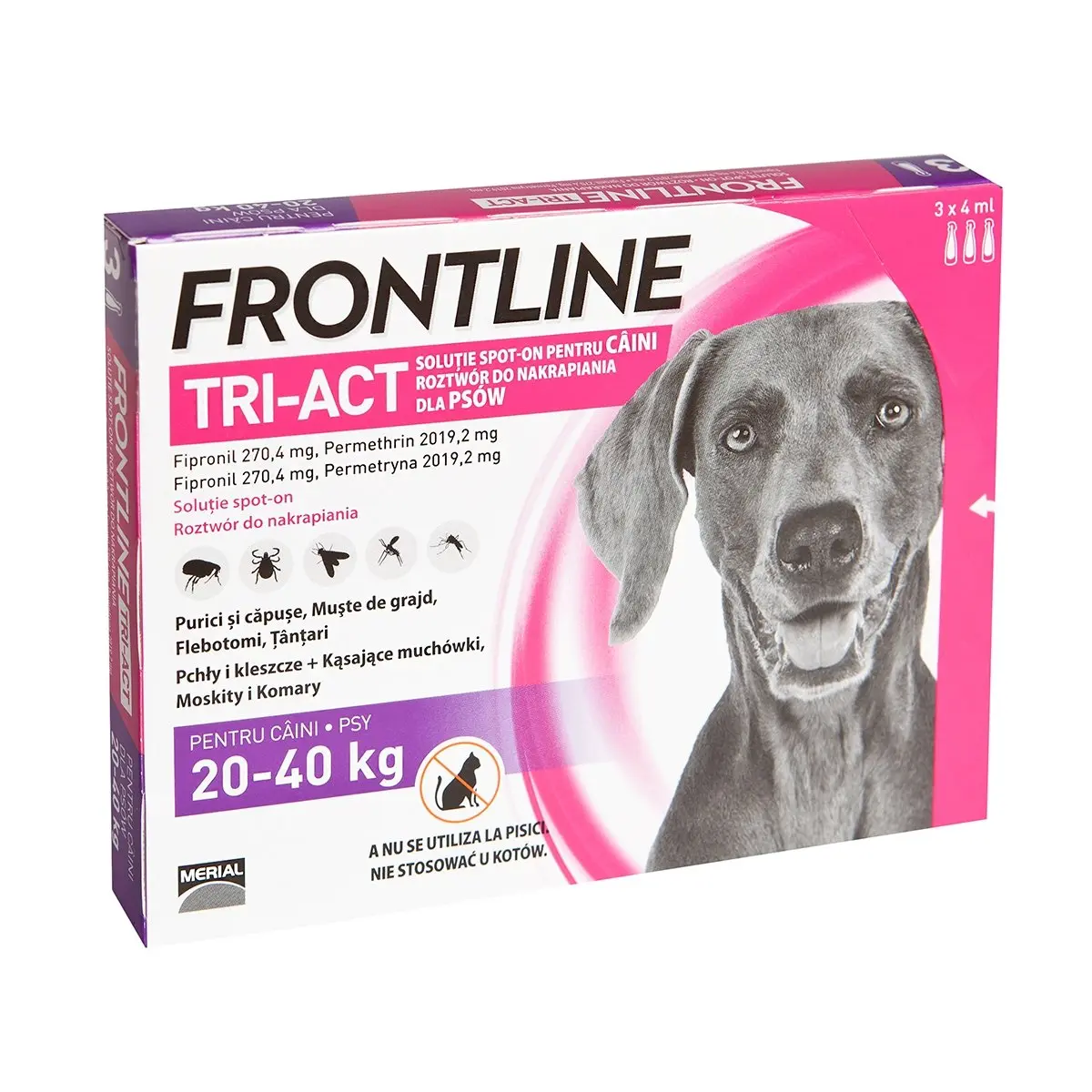 Frontline Tri-Act, solutie spot-on antiparazitara, caini FRONTLINE Tri-Act, spot-on, solutie antiparazitara, caini 20-40kg, 3 pipete