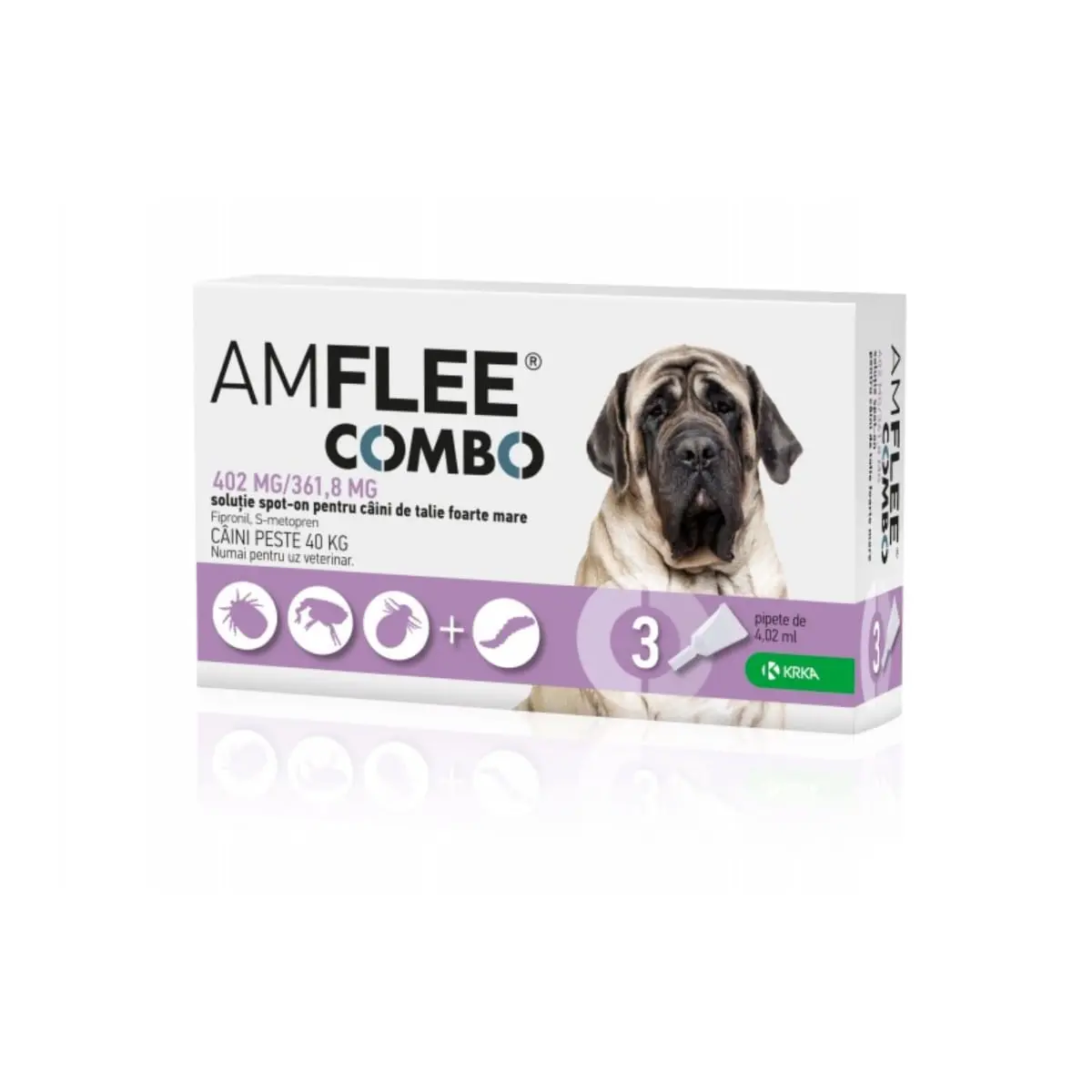 AMFLEE Combo Dog, spot-on, solutie antiparazitara, caini, 3 pipete AMFLEE Combo Dog, spot-on, solutie antiparazitara, caini 40-60 kg, 3 pipete