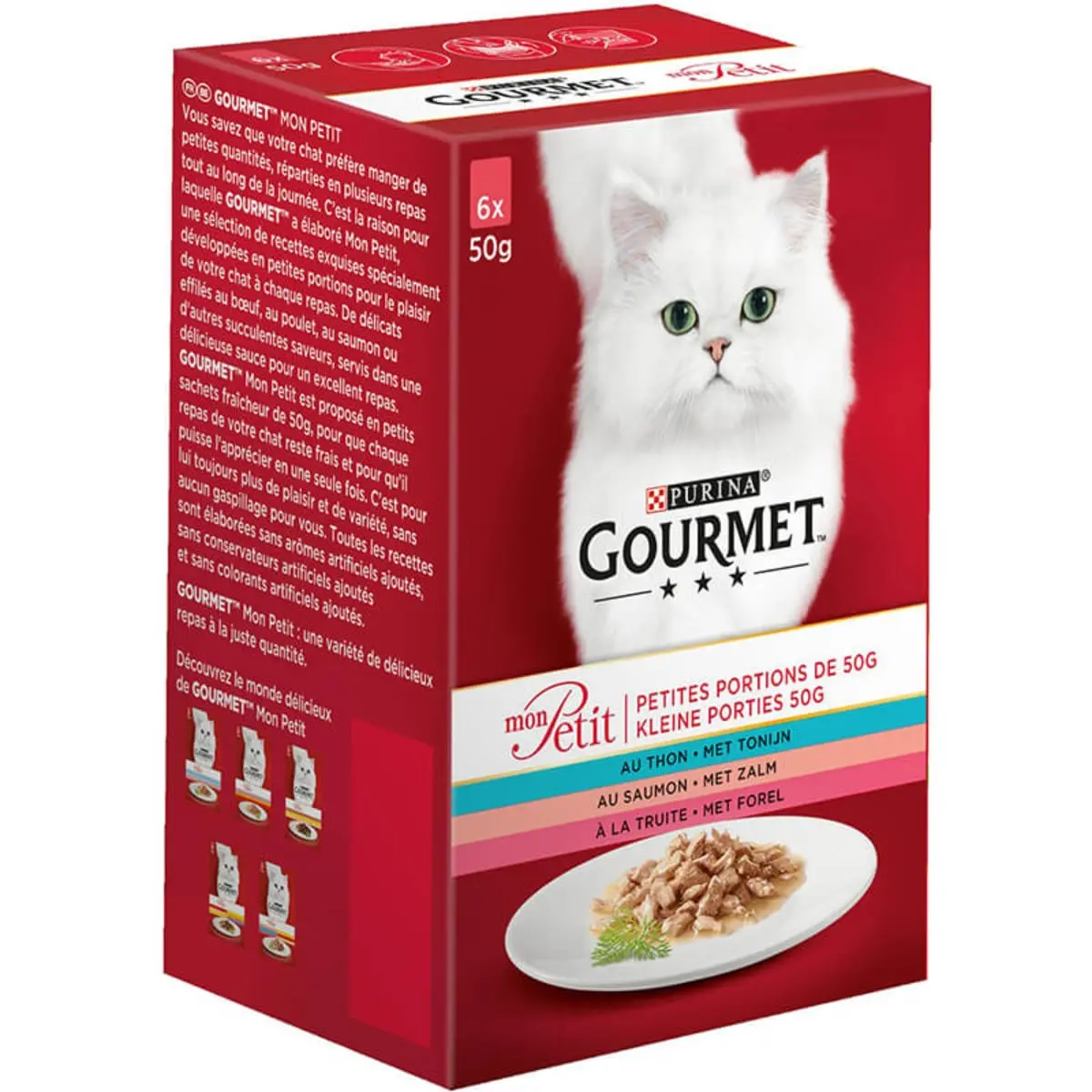 PURINA Gourmet Mon Petit, 3 arome (Somon, Ton, Pastrav), pachet mixt, plic hrana umeda pisici, (in sos), 50g x 6