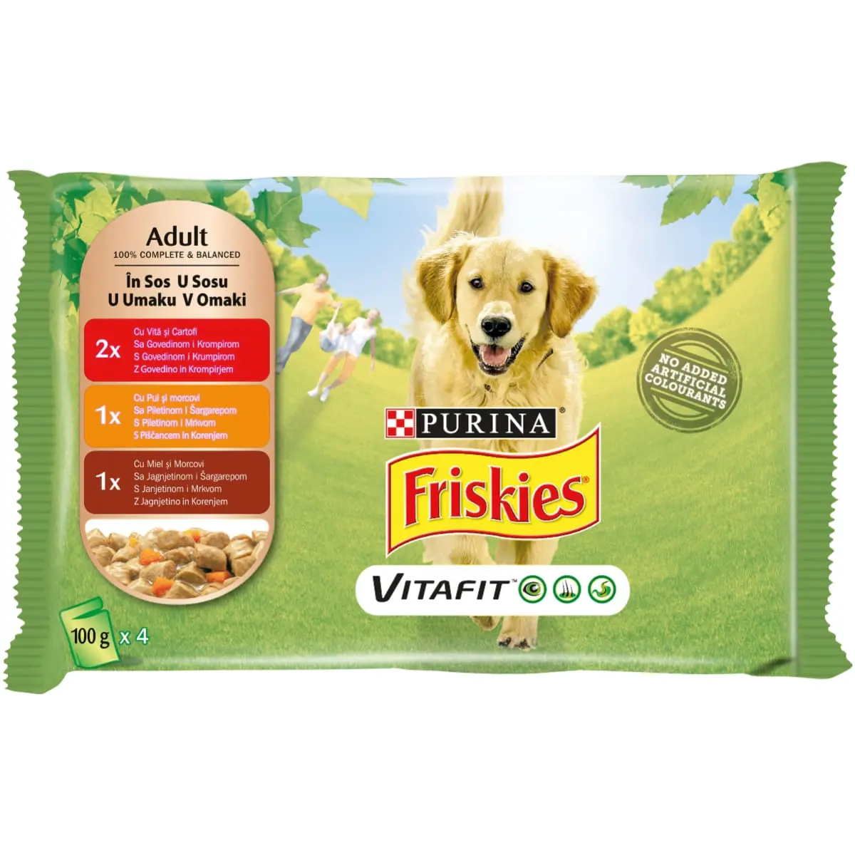 PURINA Friskies Adult, 3 arome (Vita cu Cartofi, Pui cu Morcov, Miel cu Morcov), pachet mixt, plic hrana umeda caini, (in sos), 100g x 4