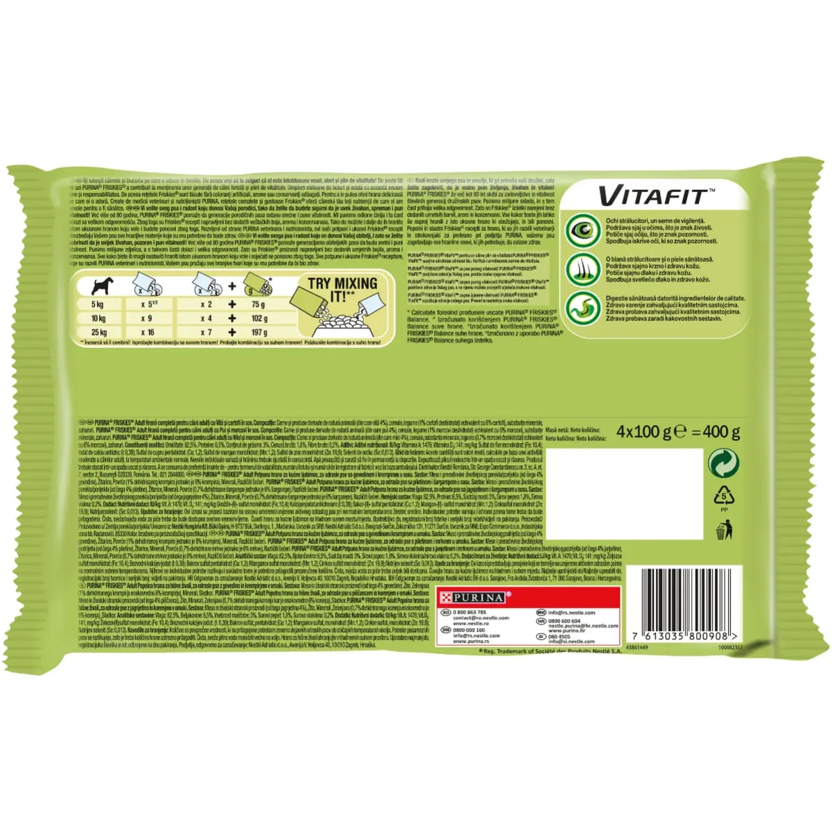 PURINA Friskies Adult, 3 arome (Vita cu Cartofi, Pui cu Morcov, Miel cu Morcov), pachet mixt, plic hrana umeda caini, (in sos), 100g x 4 - Image 3