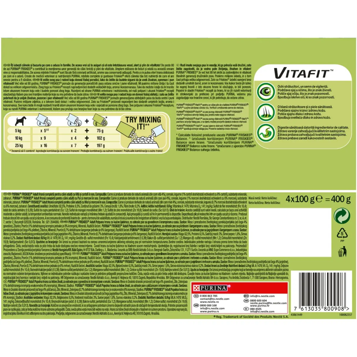 PURINA Friskies Adult, 3 arome (Vita cu Cartofi, Pui cu Morcov, Miel cu Morcov), pachet mixt, plic hrana umeda caini, (in sos), 100g x 4 - Image 4