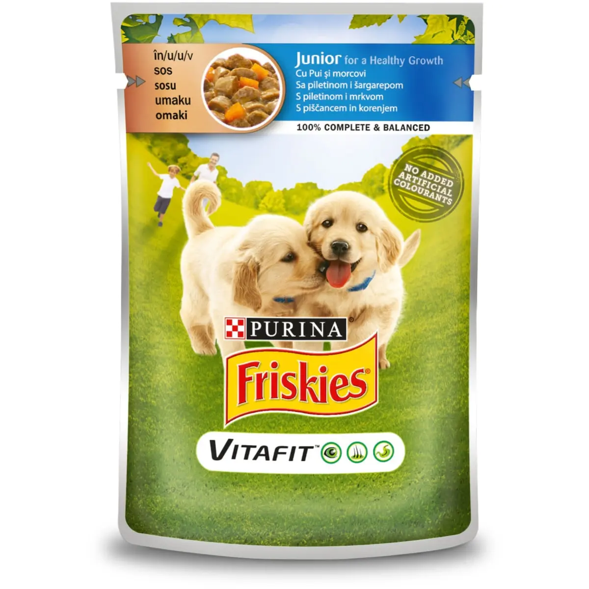PURINA Friskies Junior, Pui cu Morcov, multipack plic hrana umeda caini, (in sos), 100g x 4