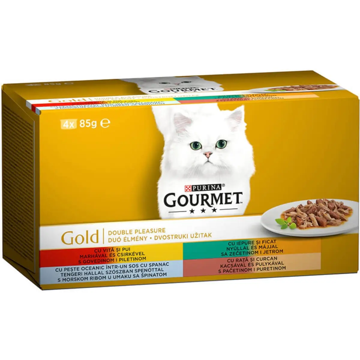 PURINA Gourmet Gold, 4 arome(Vita si Pui, Rata si Curcan, Peste cu Spanac, Iepure si Ficat), multipack, conserva hrana umeda pisici, (in sos), 85g x 4