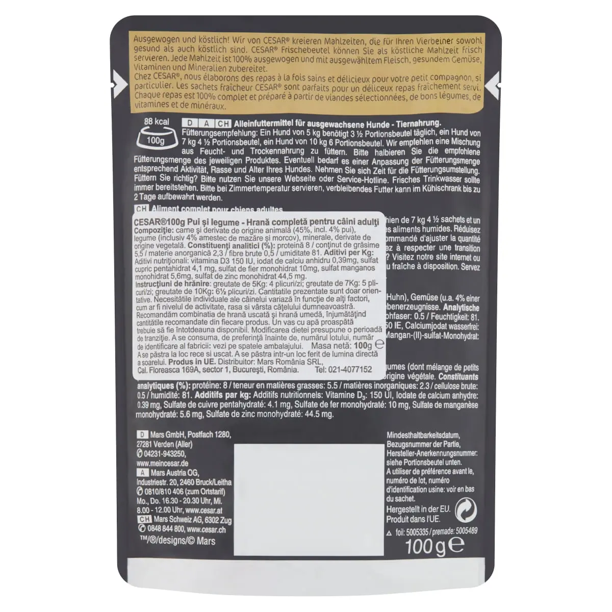 CESAR Pui si Legume, hrana umeda caini, (in sos) CESAR Pui si Legume, plic hrana umeda caini, (in sos), 100g - Image 3