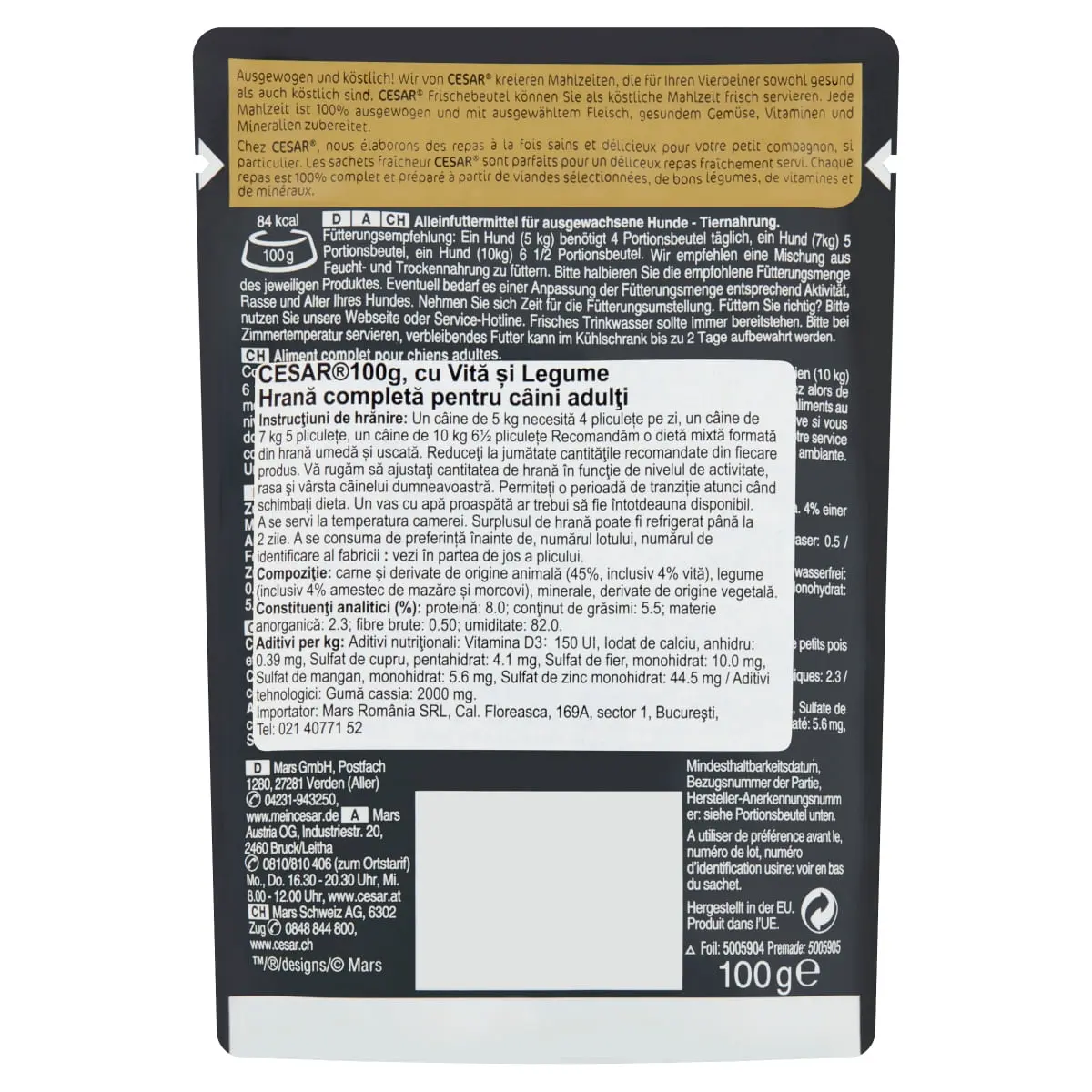 CESAR Vita si Legume, hrana umeda caini, (in aspic) CESAR Vita si Legume, plic hrana umeda caini, (in aspic), 100g - Image 4