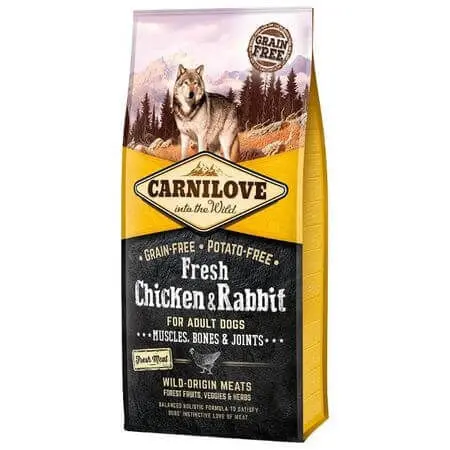 CARNILOVE Fresh Muscles, Bones & Joints S-XL, Pui si Iepure, hrana uscata fara cereale caini, sensibilitati articulare, 12kg