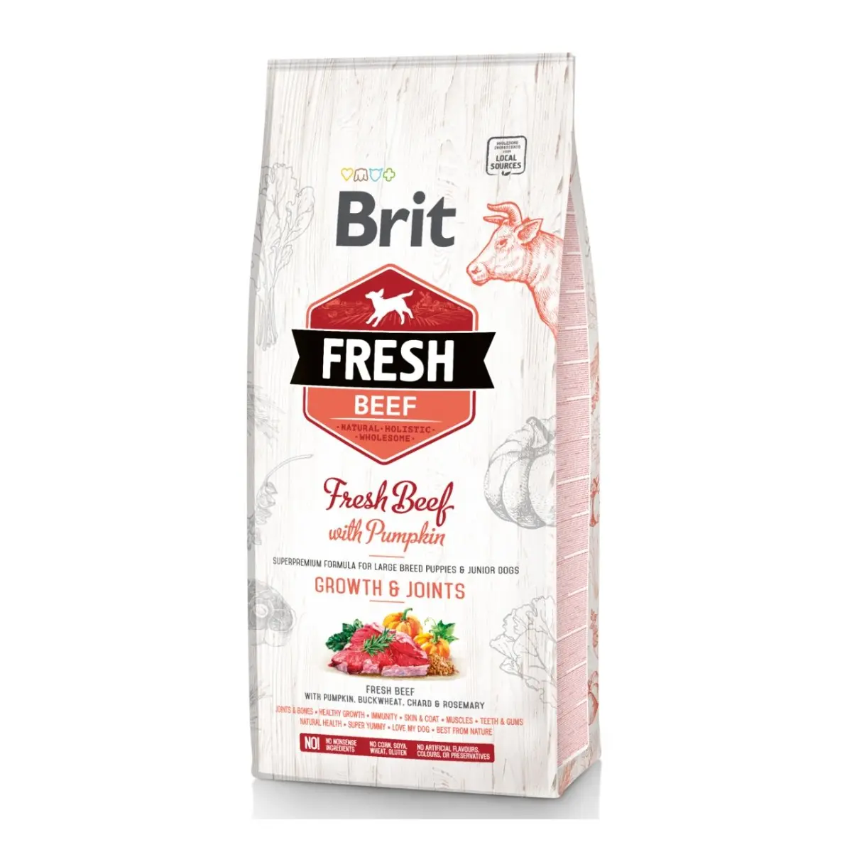 BRIT Fresh Bones & Joints Junior L-XL, Vita cu Dovleac, hrana uscata continut redus cereale caini junior, 12kg