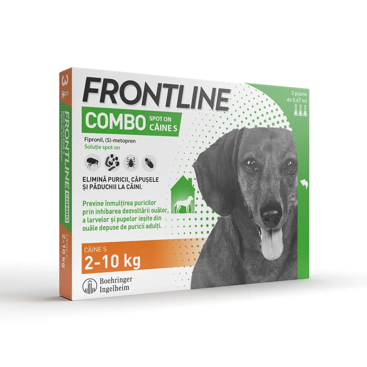 Frontline Combo, solutie spot-on antiparazitara, caini FRONTLINE Combo, spot-on, solutie antiparazitara, caini 2-10kg, 3 pipete
