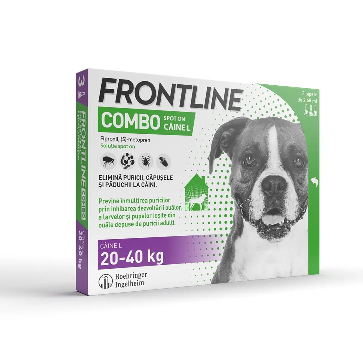 Frontline Combo, solutie spot-on antiparazitara, caini FRONTLINE Combo, spot-on, solutie antiparazitara, caini 20-40kg, 3 pipete