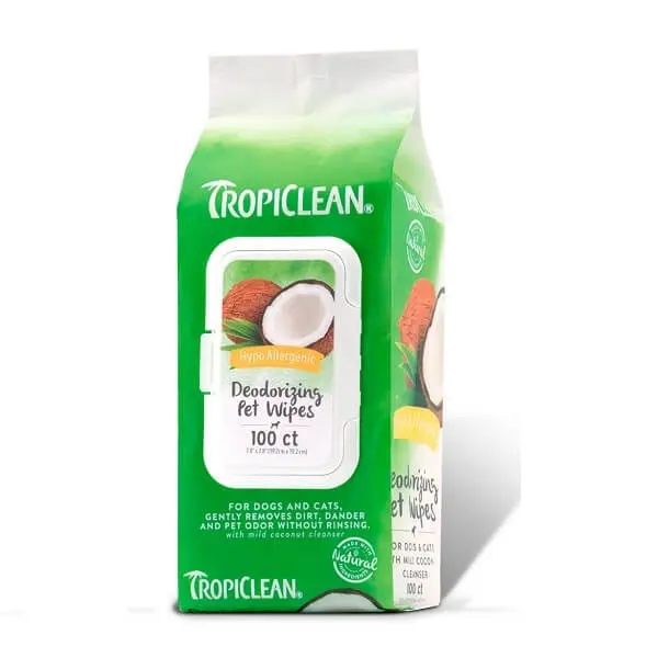TROPICLEAN, servetele umede caini si pisici, hipoalergenice, Nuca de cocos, cutie, 100buc