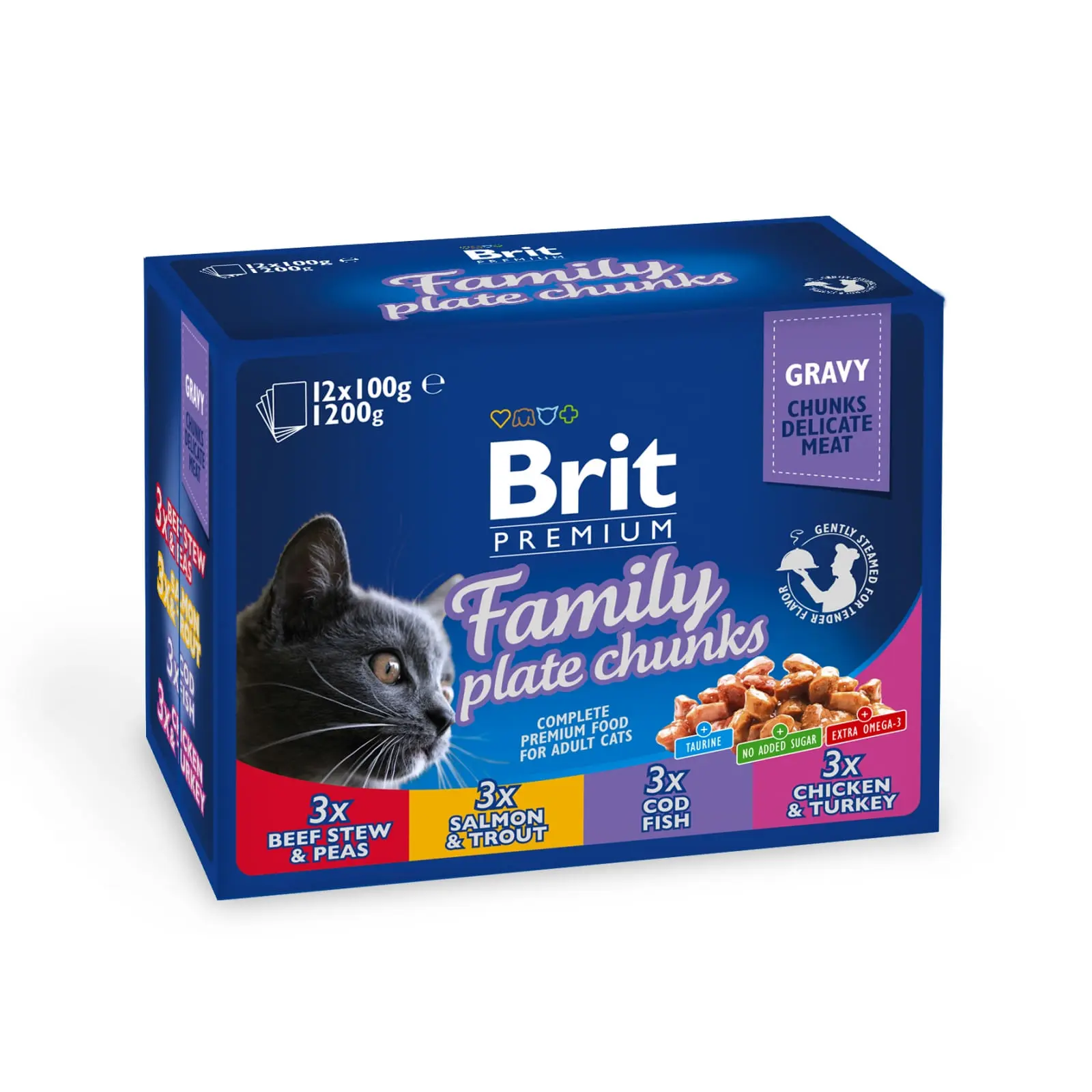 BRIT Premium Multipack Family Plate, 4 arome, pachet mixt, plic hrana umeda pisici, (in sos), 100g x 12