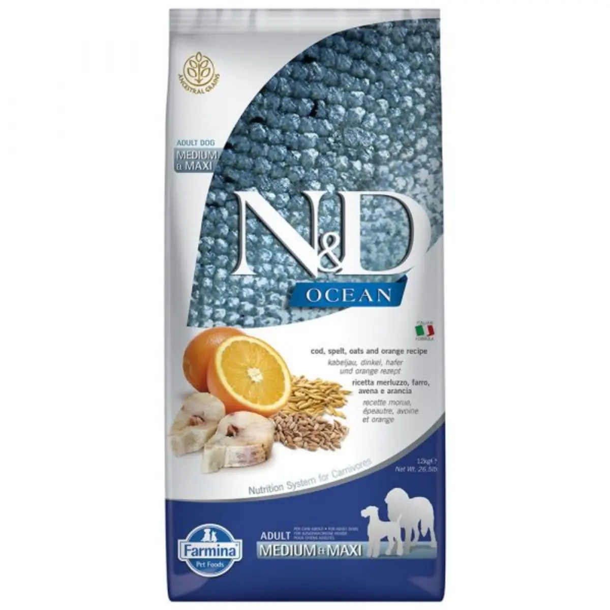 N&D Ocean Adult Medium/Maxi, M-XL, Cod si Protocala, hrana uscata fara cereale caini, 12kg
