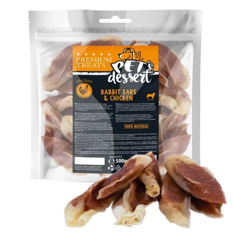 PET'S DESSERT Rabbit Ears & Chicken, XS-XL, Iepure si Pui, punguta recompense fara cereale caini, 500g