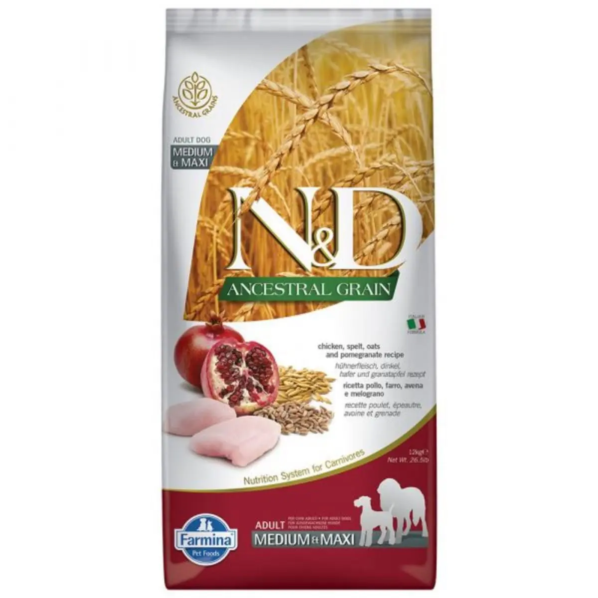 N&D Ancestral Grain Adult Medium/Maxi, M-XL, Pui si Rodie, hrana uscata continut redus cereale caini, 12kg